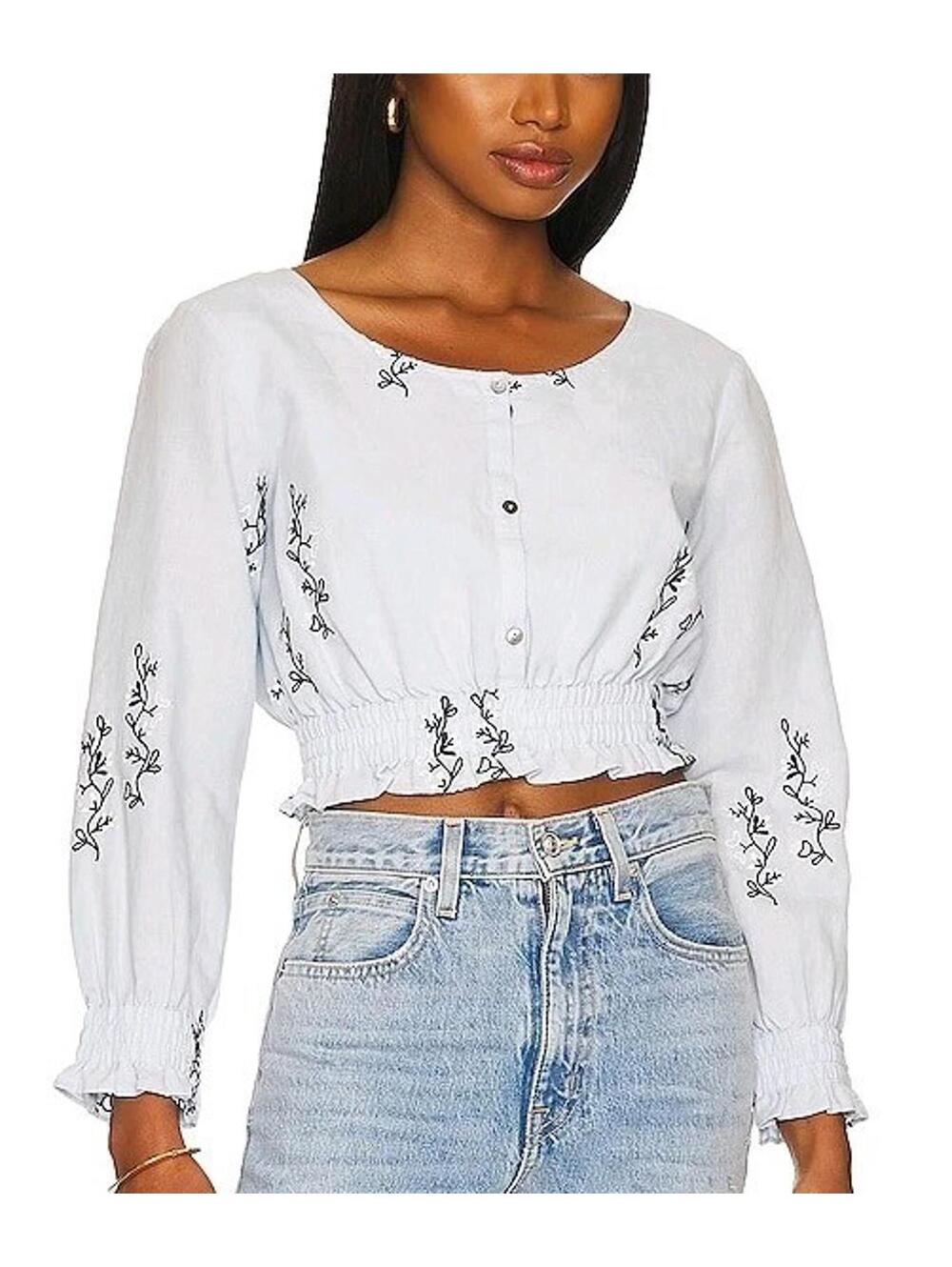 Something Navy Shirt Womens XS Blue Linen Cotton Embroidered Crop Blouse Top